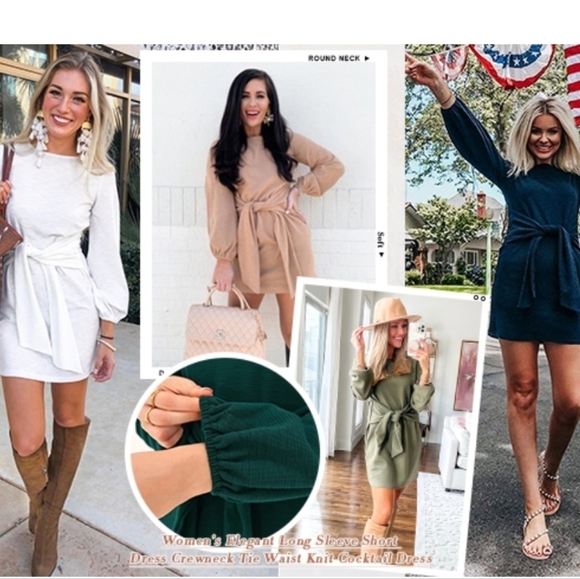 PRETTYGARDEN Women's Burgundy Long Lantern Sleeve Dress Crewneck Tie Waist Dress - Picture 4 of 8